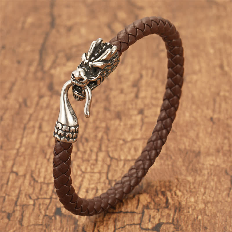 Buddha Stones Pulsera punk de cuero trenzado Dragon Strength - Café - 7,9–8,3 pulgadas (20–21 cm) - image 6