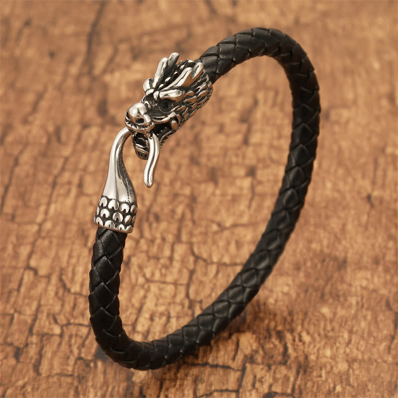 Buddha Stones Pulsera punk de cuero trenzado Dragon Strength - Negro - 7,9–8,3 pulgadas (20–21 cm) - image 0
