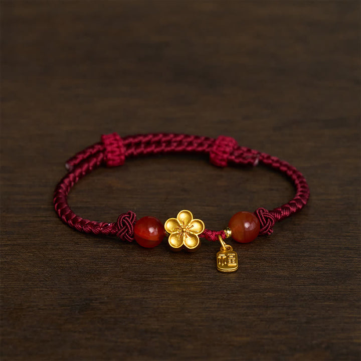 Buddha Stones Pulsera con dije de hilo rojo de buena fortuna con diseño de flores de durazno de cobre y personaje Fu. - Hilo rojo (Protección♥Suerte) - image 0