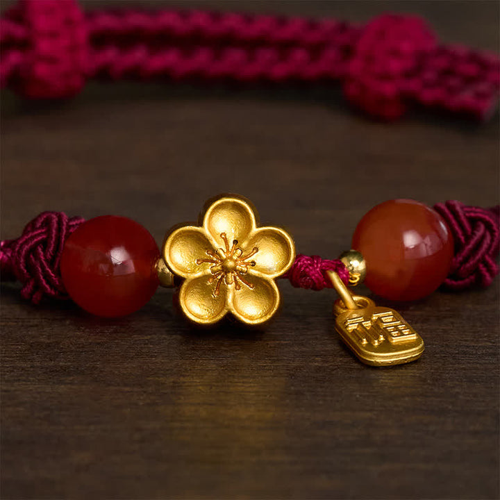 Buddha Stones Pulsera con dije de hilo rojo de buena fortuna con diseño de flores de durazno de cobre y personaje Fu. - image 3
