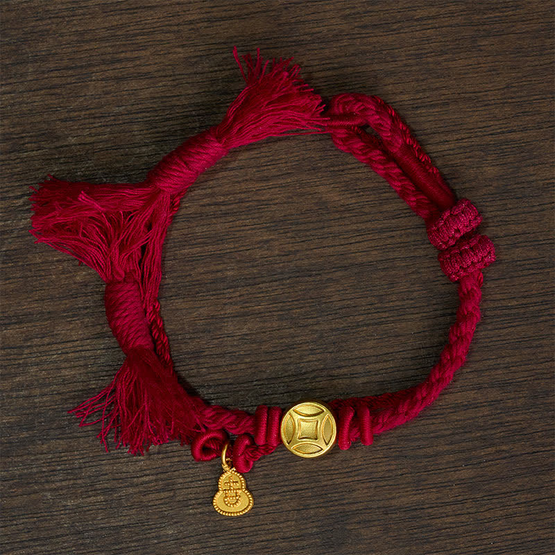 Buddha Stones Colgante de calabaza con moneda china de aleación, pulsera de doble hebra de hilo rojo para la riqueza - image 1