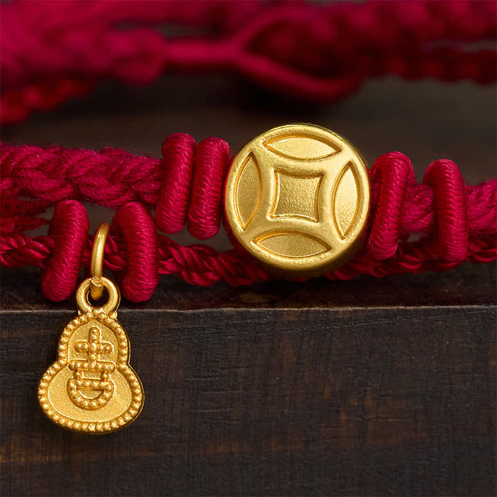 Buddha Stones Colgante de calabaza con moneda china de aleación, pulsera de doble hebra de hilo rojo para la riqueza - image 3