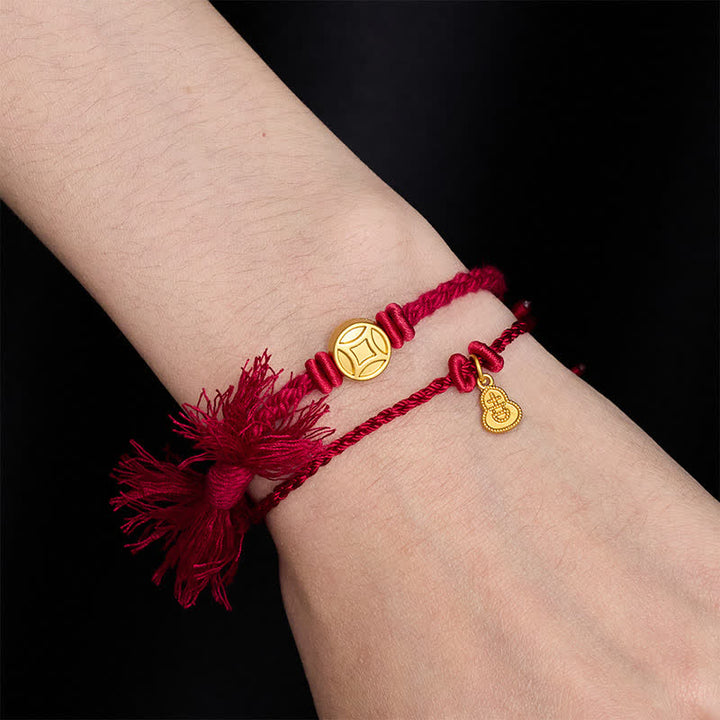 Buddha Stones Colgante de calabaza con moneda china de aleación, pulsera de doble hebra de hilo rojo para la riqueza - image 2
