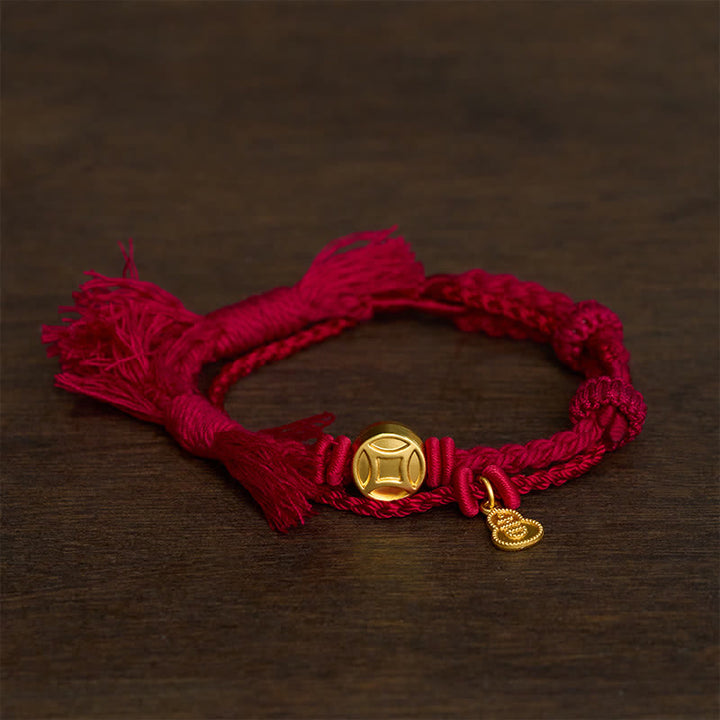 Buddha Stones Colgante de calabaza con moneda china de aleación, pulsera de doble hebra de hilo rojo para la riqueza - vino tinto - image 0
