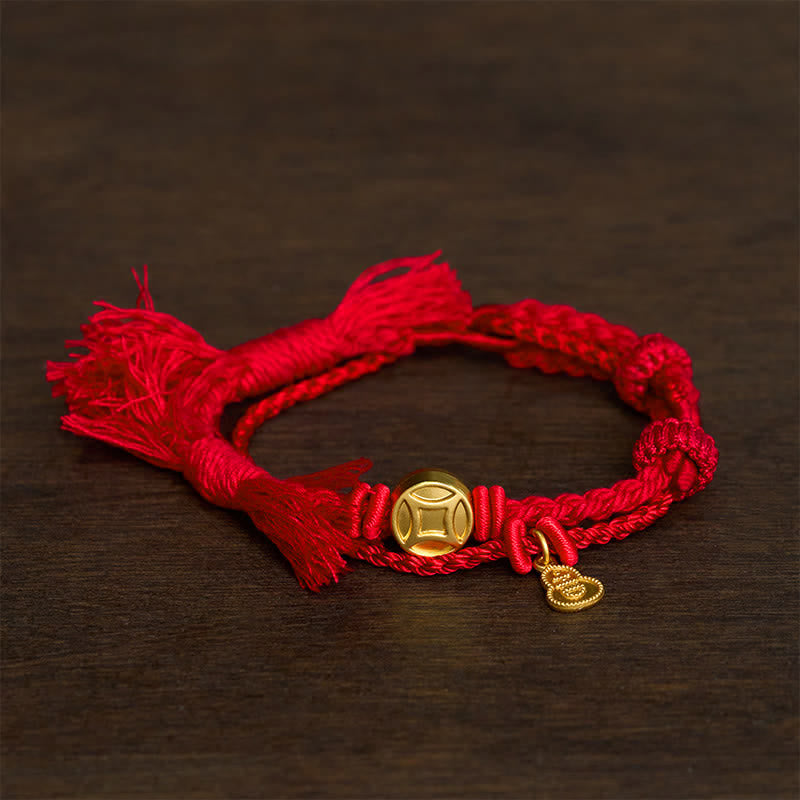 Buddha Stones Colgante de calabaza con moneda china de aleación, pulsera de doble hebra de hilo rojo para la riqueza - rojo - image 4