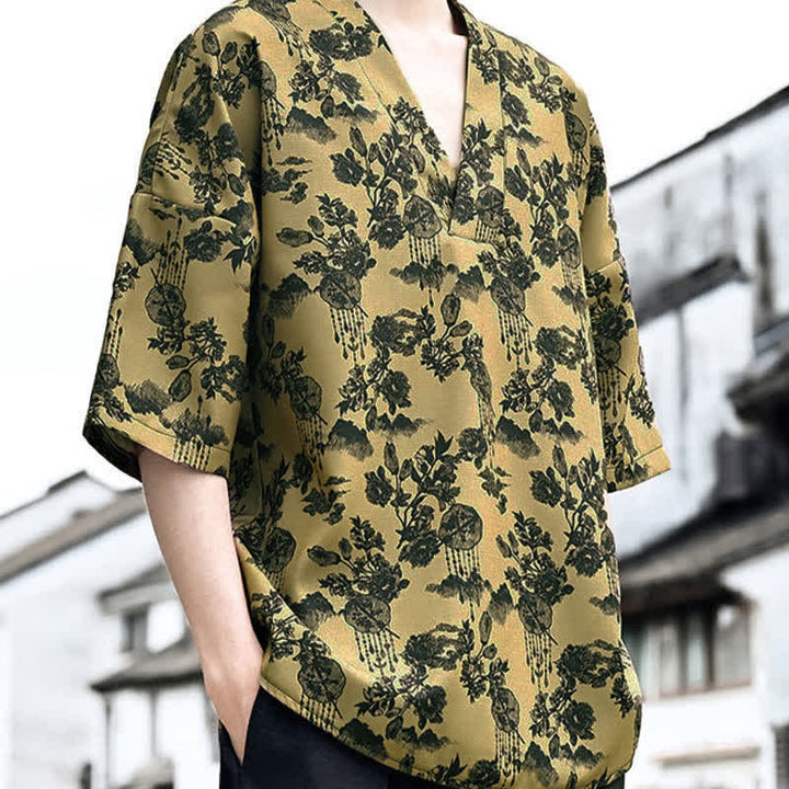 Buddha Stones Camisetas de manga corta para hombre con cuello en V y estampado floral estilo Tang, ideales para el verano. - image 16