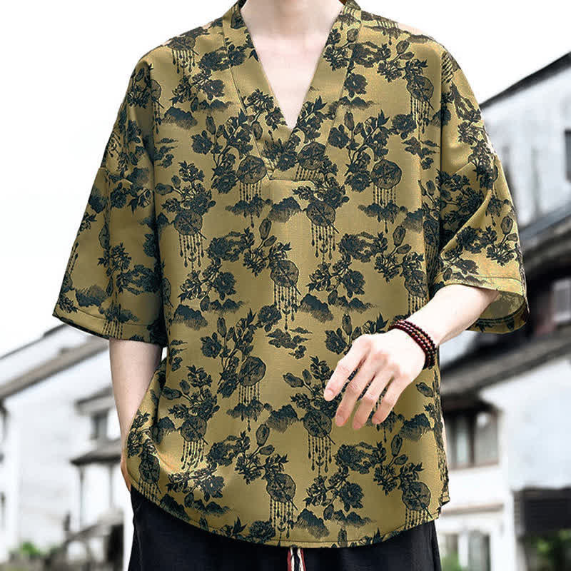 Buddha Stones Camisetas de manga corta para hombre con cuello en V y estampado floral estilo Tang, ideales para el verano. - image 12