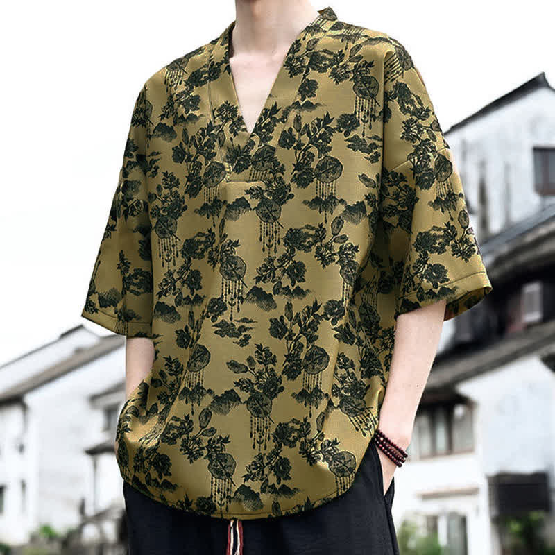 Buddha Stones Camisetas de manga corta para hombre con cuello en V y estampado floral estilo Tang, ideales para el verano. - image 13