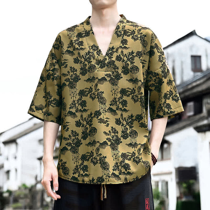 Buddha Stones Camisetas de manga corta para hombre con cuello en V y estampado floral estilo Tang, ideales para el verano. - Caqui oscuro - US/UK/AU46, EU56 (5XL) - image 11