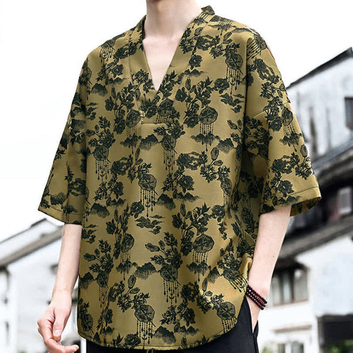 Buddha Stones Camisetas de manga corta para hombre con cuello en V y estampado floral estilo Tang, ideales para el verano. - image 14