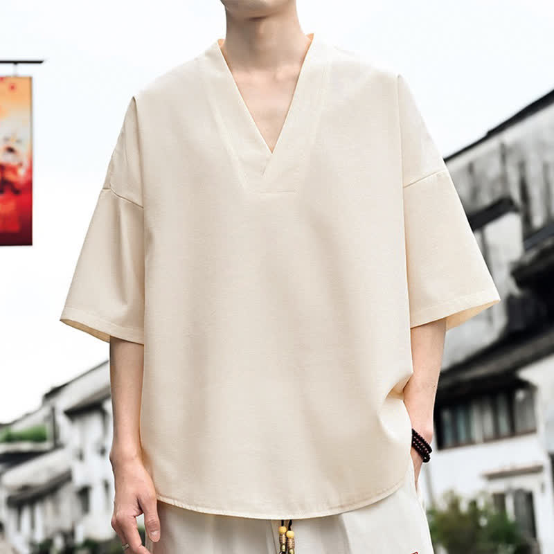 Buddha Stones Camisetas de manga corta para hombre, estilo minimalista, informales, con abertura lateral, color liso, ideales para el verano. - image 1
