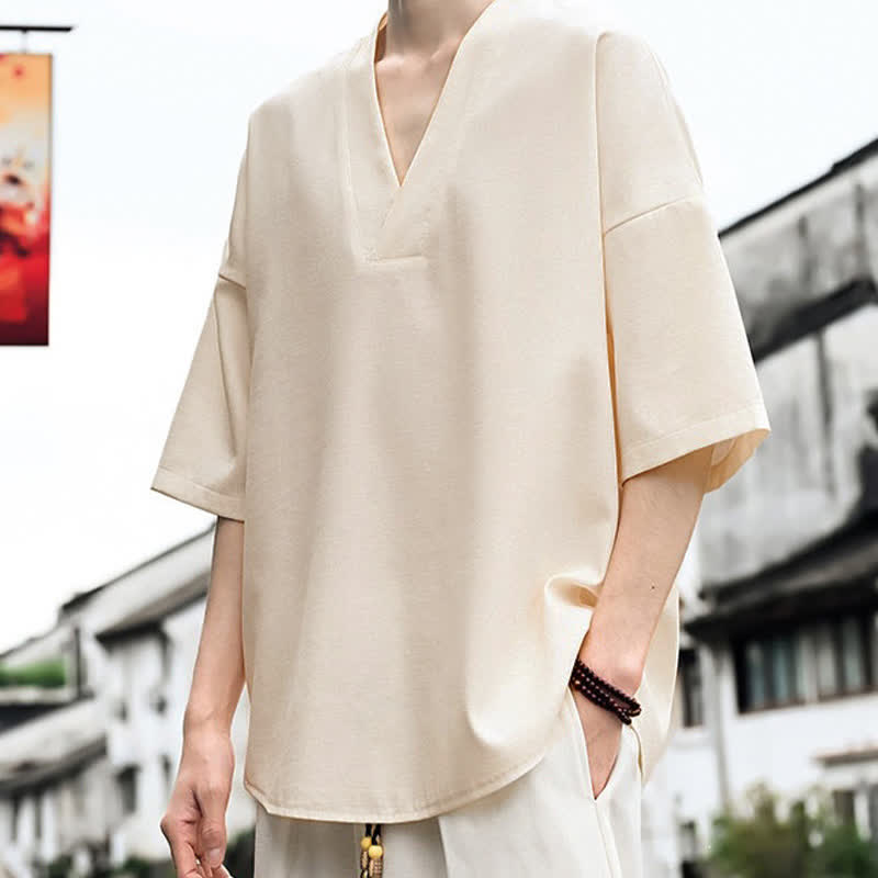 Buddha Stones Camisetas de manga corta para hombre, estilo minimalista, informales, con abertura lateral, color liso, ideales para el verano. - Beige - US/UK/AU46, EU56 (5XL) - image 0