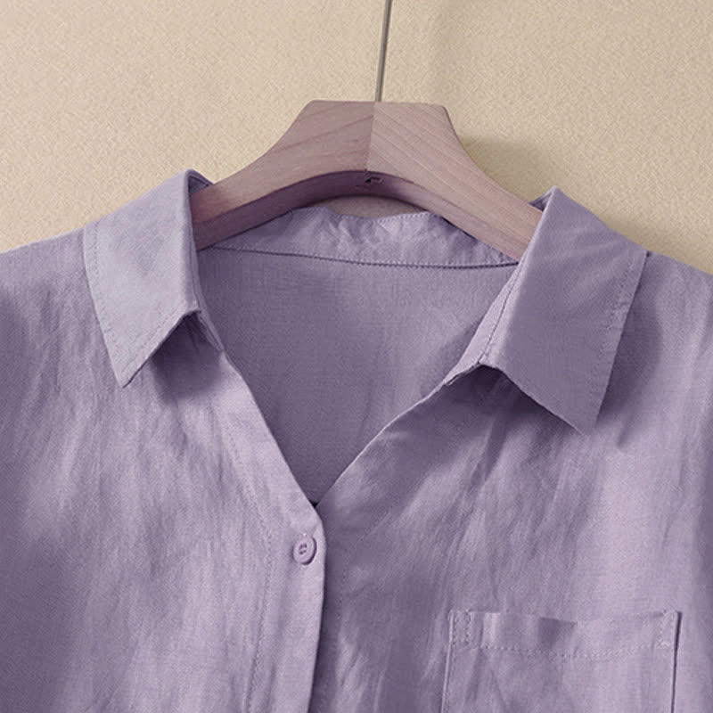 Buddha Stones Camisa de manga corta para mujer, estilo casual de verano, minimalista, con botones y bolsillo. - image 1