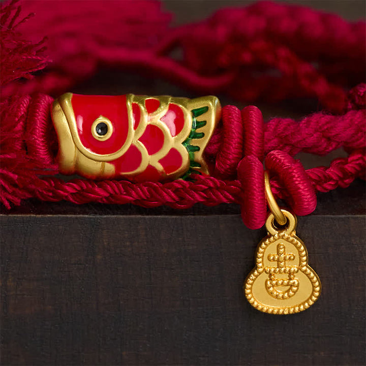 Buddha Stones Colgante de aleación con forma de calabaza y pez koi, estilo retro, pulsera de doble hebra - image 3