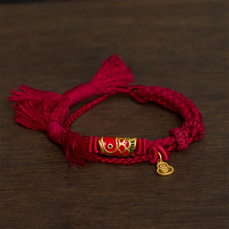 Buddha Stones Colgante de aleación con forma de calabaza y pez koi, estilo retro, pulsera de doble hebra - vino tinto - image 0