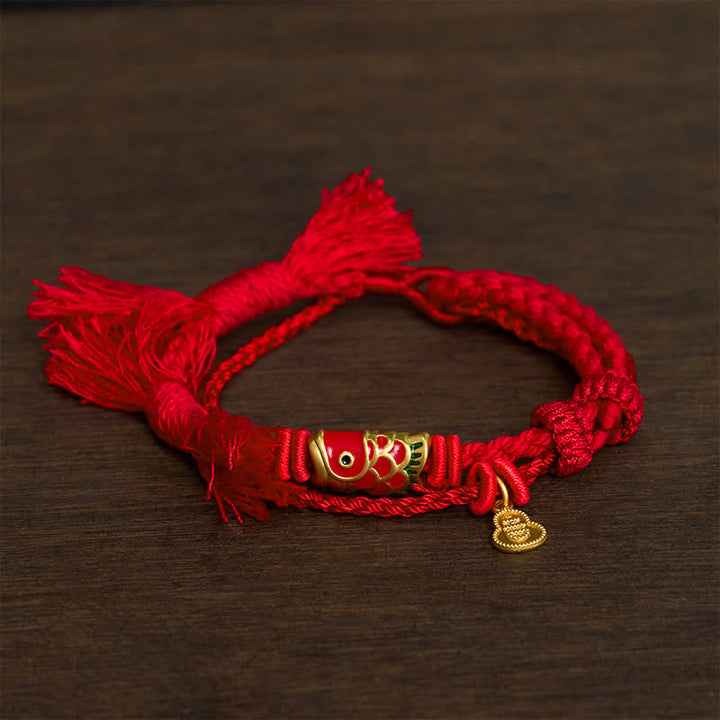 Buddha Stones Colgante de aleación con forma de calabaza y pez koi, estilo retro, pulsera de doble hebra - rojo - image 4