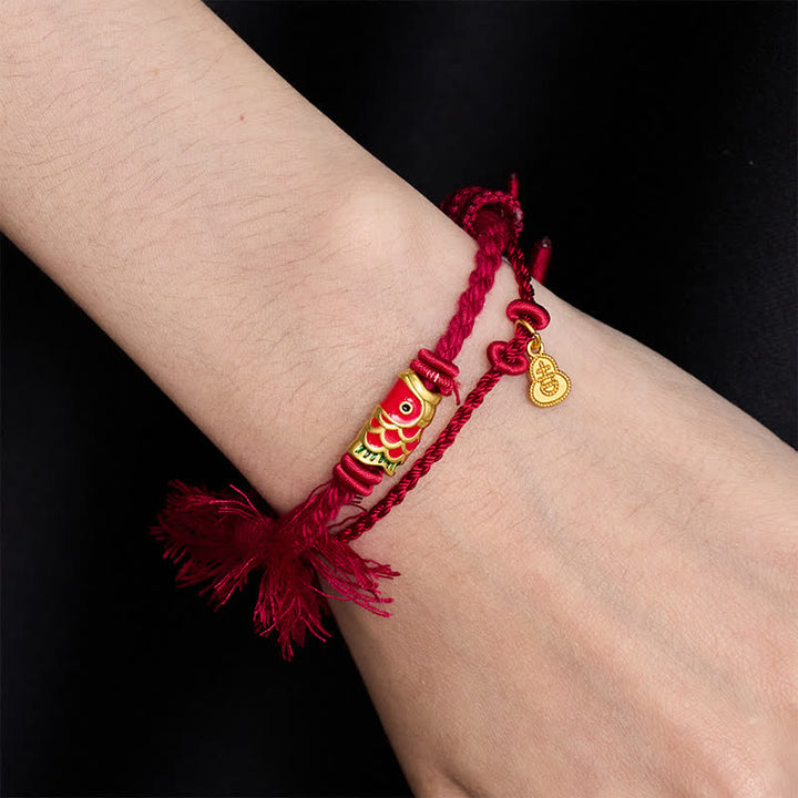 Buddha Stones Colgante de aleación con forma de calabaza y pez koi, estilo retro, pulsera de doble hebra - image 2