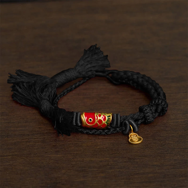 Buddha Stones Colgante de aleación con forma de calabaza y pez koi, estilo retro, pulsera de doble hebra - negro - image 5