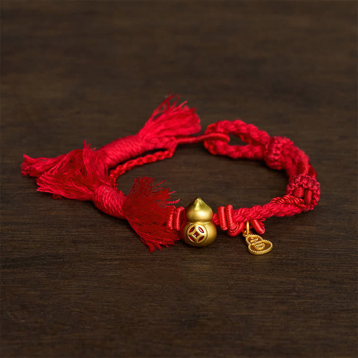 Buddha Stones Colgante de calabaza con forma de moneda china de aleación, pulsera de doble hebra de hilo rojo que simboliza la riqueza. - rojo - image 4