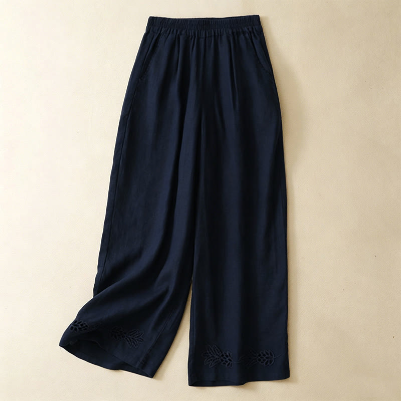 Buddha Stones Pantalones tobilleros lisos de verano con bordado calado en el bajo y bolsillos para mujer. - Marina de guerra - US8-10, UK/AU12-14, EU40-42 (2XL) - image 3