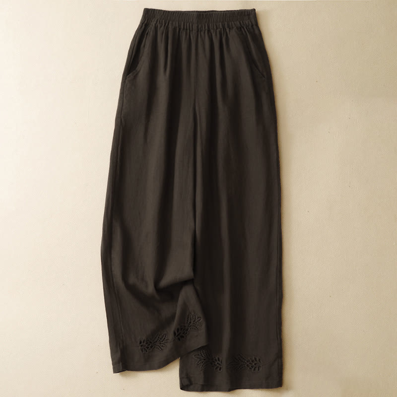 Buddha Stones Pantalones tobilleros lisos de verano con bordado calado en el bajo y bolsillos para mujer. - Marrón silla de montar - US8-10, UK/AU12-14, EU40-42 (2XL) - image 8