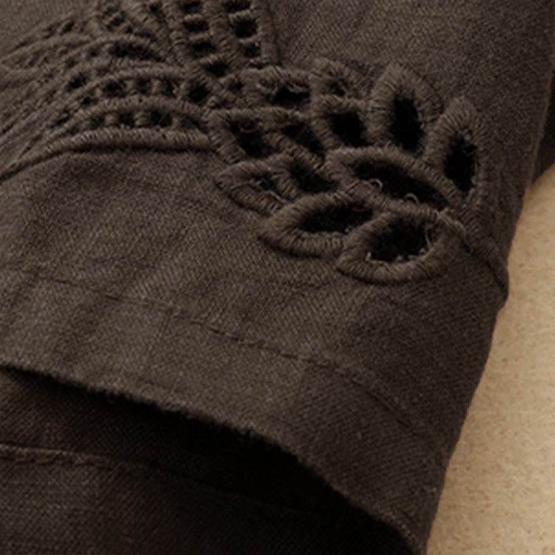 Buddha Stones Pantalones tobilleros lisos de verano con bordado calado en el bajo y bolsillos para mujer. - image 10