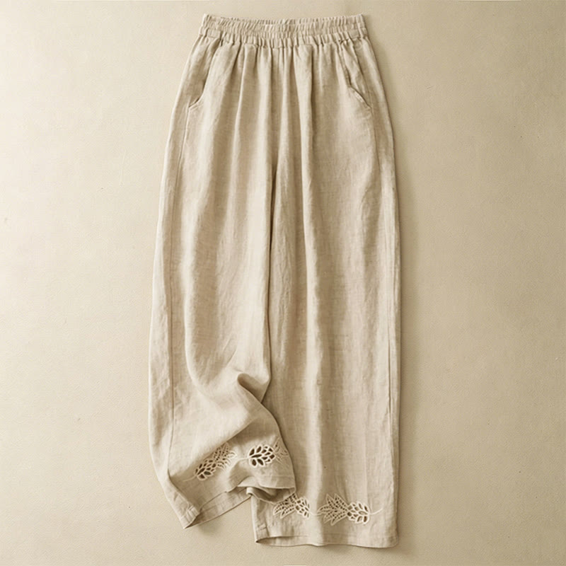 Buddha Stones Pantalones tobilleros lisos de verano con bordado calado en el bajo y bolsillos para mujer. - Beige - US8-10, UK/AU12-14, EU40-42 (2XL) - image 11