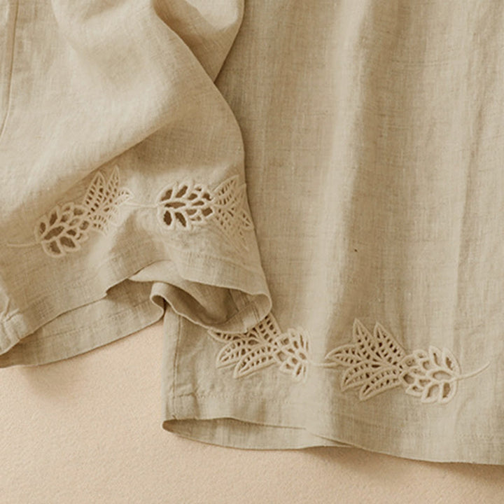 Buddha Stones Pantalones tobilleros lisos de verano con bordado calado en el bajo y bolsillos para mujer. - image 15
