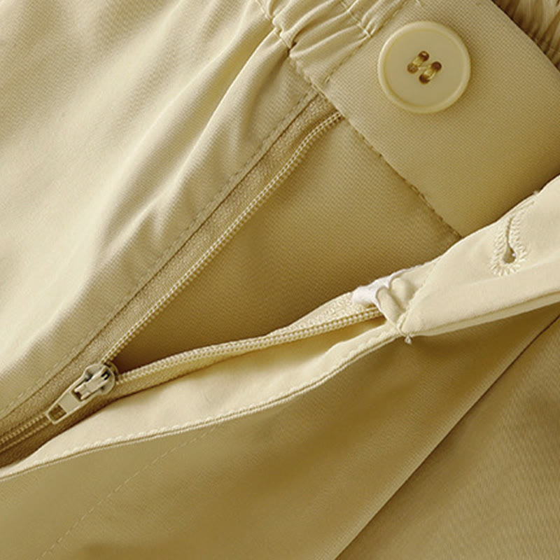 Buddha Stones Pantalones cortos de verano elegantes con botones, cremallera, diseño liso, volantes en el bajo, estilo harem para mujer con bolsillo. - image 3