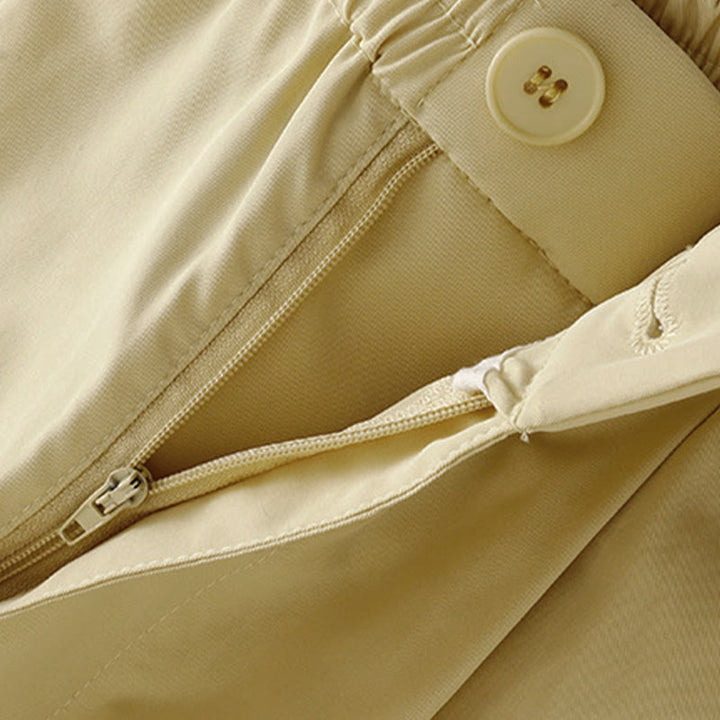 Buddha Stones Pantalones cortos de verano elegantes con botones, cremallera, diseño liso, volantes en el bajo, estilo harem para mujer con bolsillo. - image 3