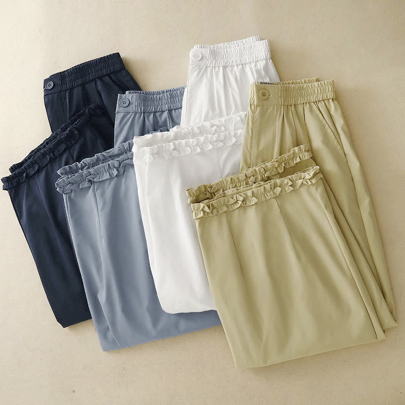 Buddha Stones Pantalones cortos de verano elegantes con botones, cremallera, diseño liso, volantes en el bajo, estilo harem para mujer con bolsillo. - image 24