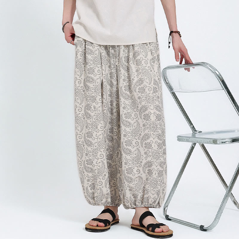 Buddha Stones Pantalones capri de verano estilo boho casual con cordón y estampado paisley para hombre, estilo harem con bolsillo. - image 27