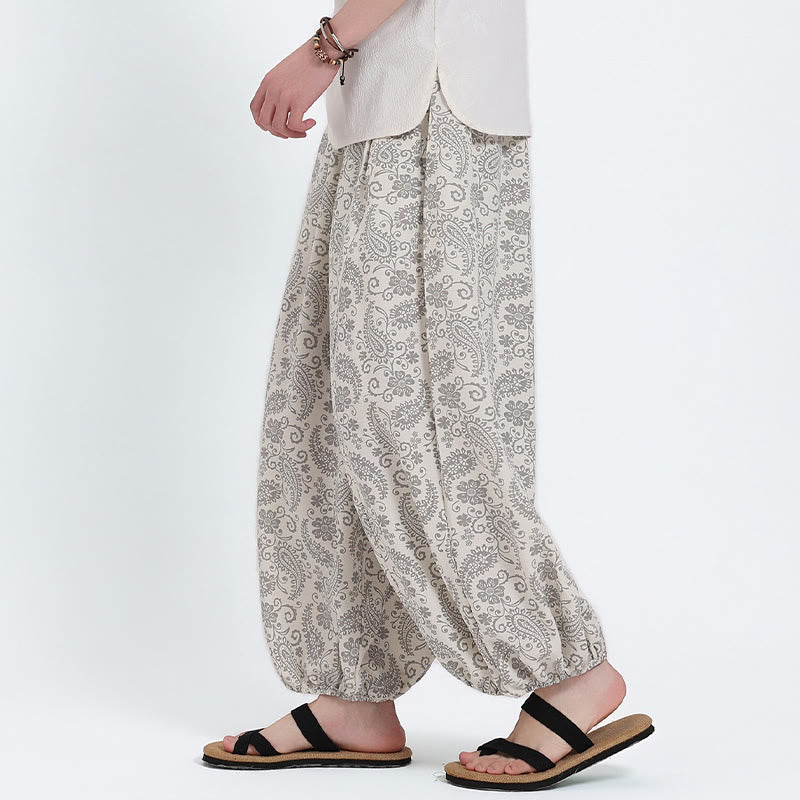 Buddha Stones Pantalones capri de verano estilo boho casual con cordón y estampado paisley para hombre, estilo harem con bolsillo. - image 24