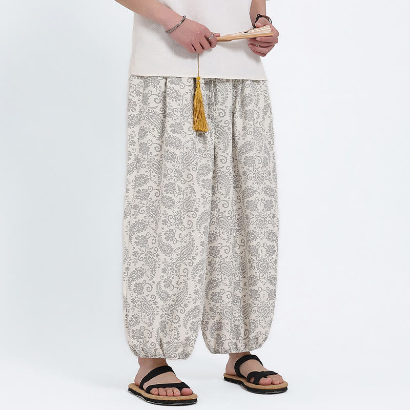 Buddha Stones Pantalones capri de verano estilo boho casual con cordón y estampado paisley para hombre, estilo harem con bolsillo. - image 25