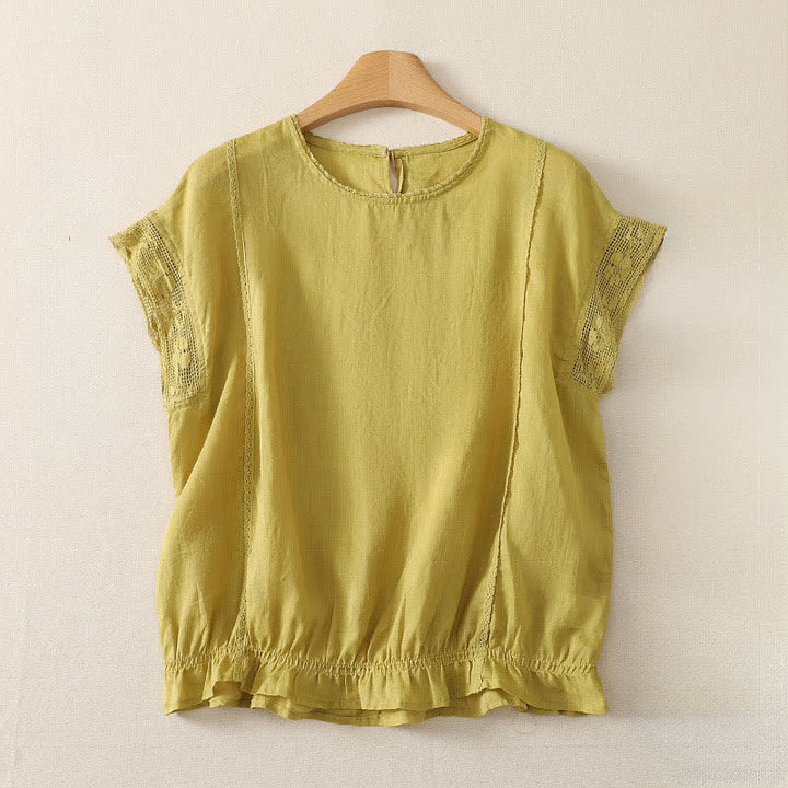 Buddha Stones Camiseta de manga corta para mujer, estilo casual de verano, sencilla, con cordón ajustable y bajo elástico, confeccionada en ramio liso. - vara de oro pálida - US12, UK/AU16, EU44 (3XL) - image 9