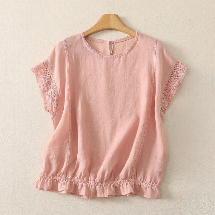 Buddha Stones Camiseta de manga corta para mujer, estilo casual de verano, sencilla, con cordón ajustable y bajo elástico, confeccionada en ramio liso. - rosa claro - US12, UK/AU16, EU44 (3XL) - image 0