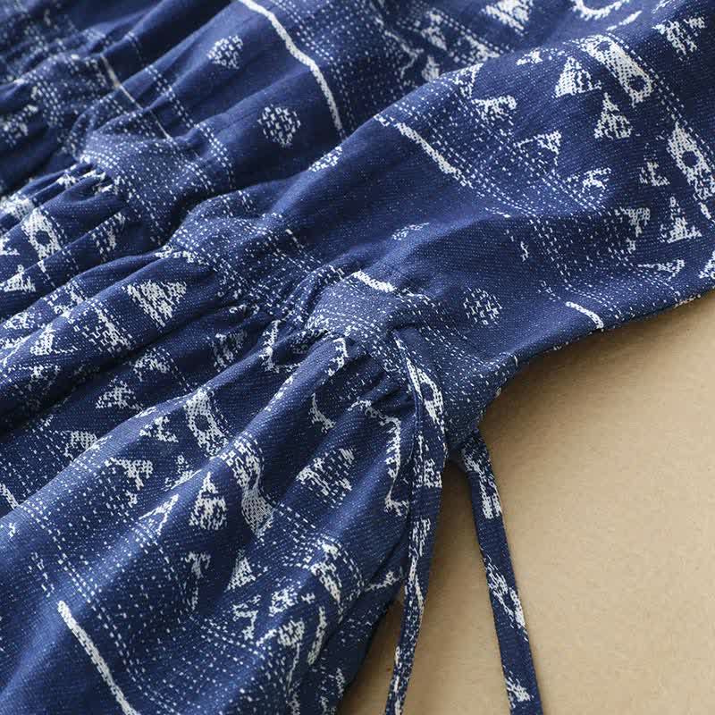 Buddha Stones Vestido de verano bohemio informal azul con estampado geométrico ondulado para mujer, sin mangas y con bolsillo. - image 6