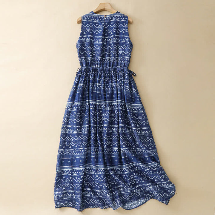 Buddha Stones Vestido de verano bohemio informal azul con estampado geométrico ondulado para mujer, sin mangas y con bolsillo. - image 1