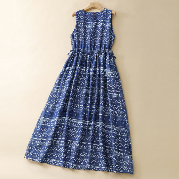 Buddha Stones Vestido de verano bohemio informal azul con estampado geométrico ondulado para mujer, sin mangas y con bolsillo. - image 2