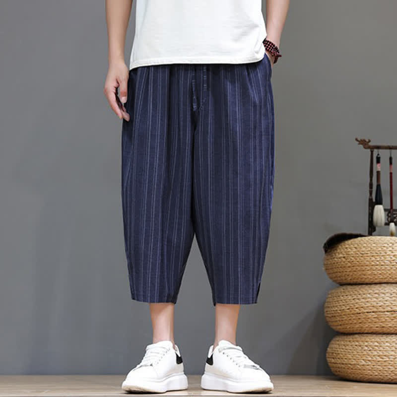 Buddha Stones Pantalones capri de verano informales con cordón y rayas, pantalones harem para hombre con bolsillo. - image 22