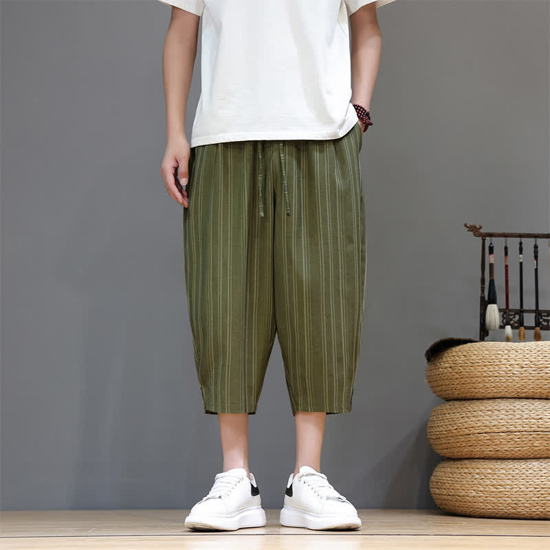 Buddha Stones Pantalones capri de verano informales con cordón y rayas, pantalones harem para hombre con bolsillo. - Verde oliva oscuro - US/UK/AU46, EU56 (5XL) - image 26
