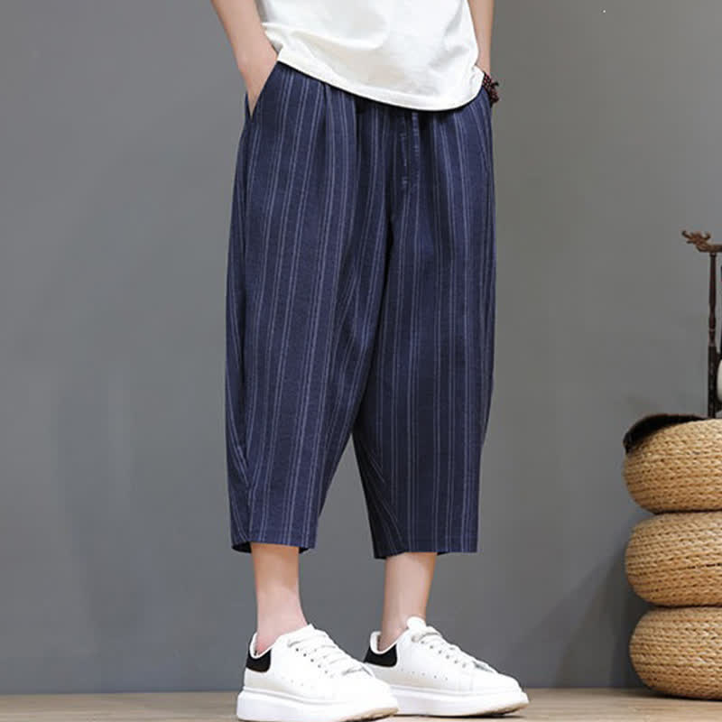 Buddha Stones Pantalones capri de verano informales con cordón y rayas, pantalones harem para hombre con bolsillo. - image 23