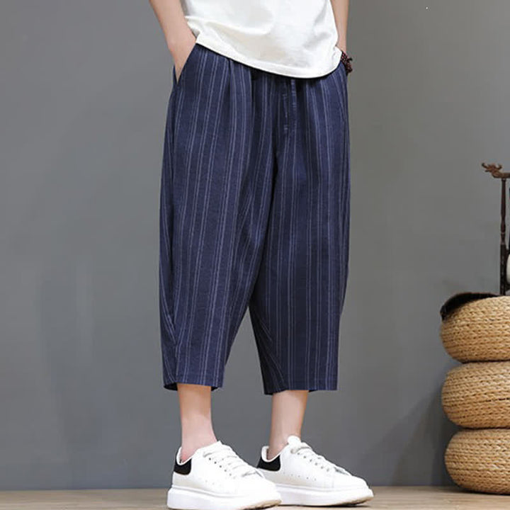 Buddha Stones Pantalones capri de verano informales con cordón y rayas, pantalones harem para hombre con bolsillo. - image 23