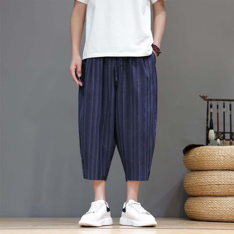 Buddha Stones Pantalones capri de verano informales con cordón y rayas, pantalones harem para hombre con bolsillo. - Marina de guerra - US/UK/AU46, EU56 (5XL) - image 18