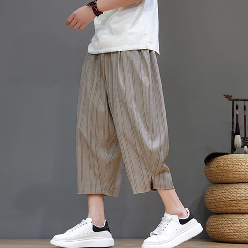 Buddha Stones Pantalones capri de verano informales con cordón y rayas, pantalones harem para hombre con bolsillo. - image 2