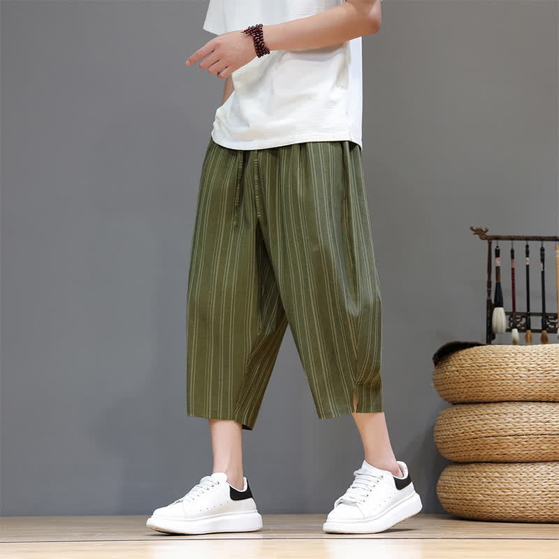 Buddha Stones Pantalones capri de verano informales con cordón y rayas, pantalones harem para hombre con bolsillo. - image 34