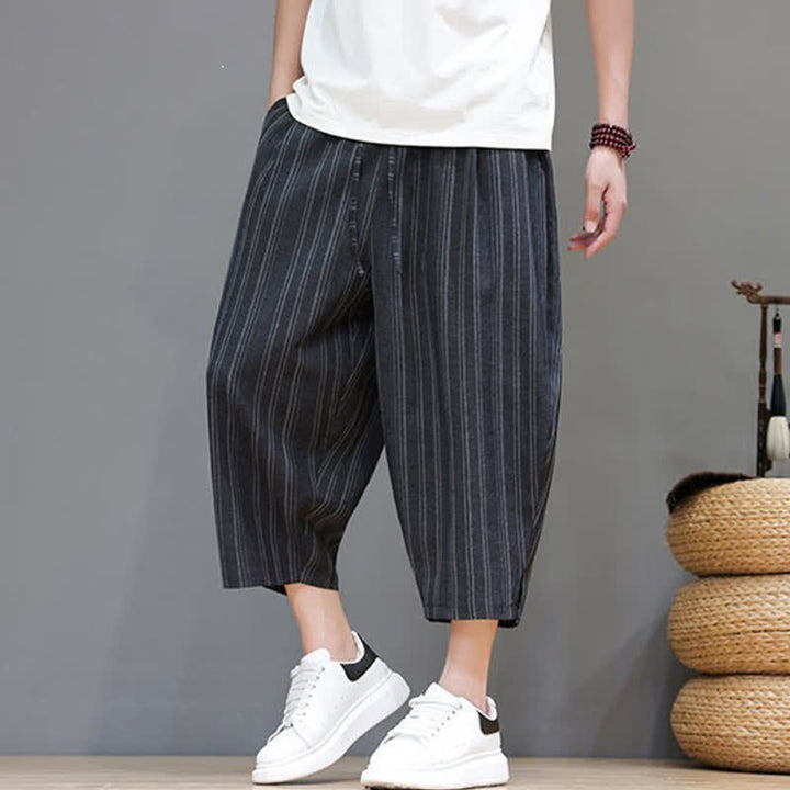 Buddha Stones Pantalones capri de verano informales con cordón y rayas, pantalones harem para hombre con bolsillo. - image 16