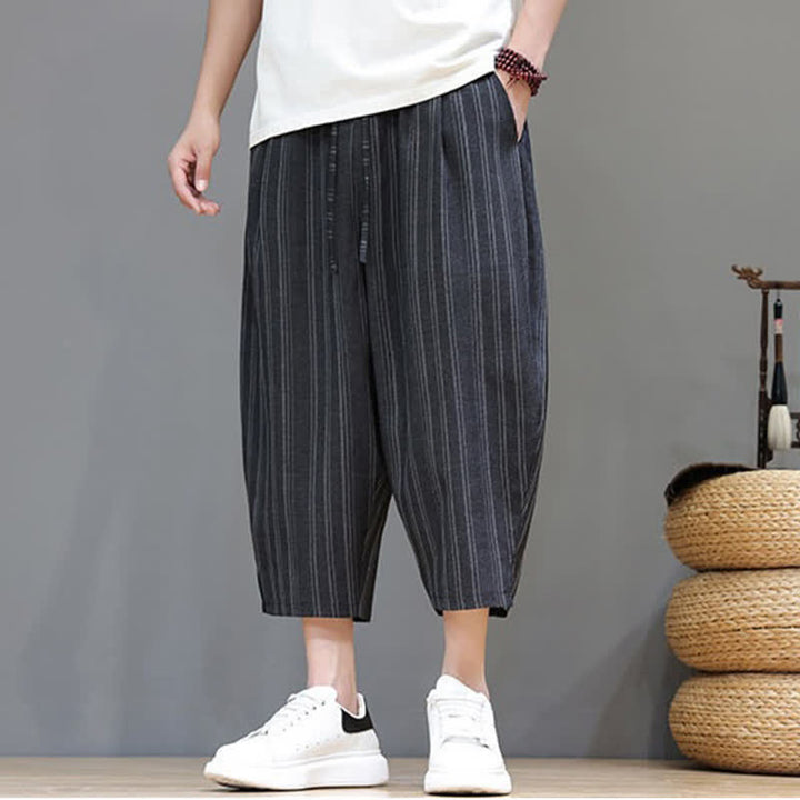 Buddha Stones Pantalones capri de verano informales con cordón y rayas, pantalones harem para hombre con bolsillo. - image 12