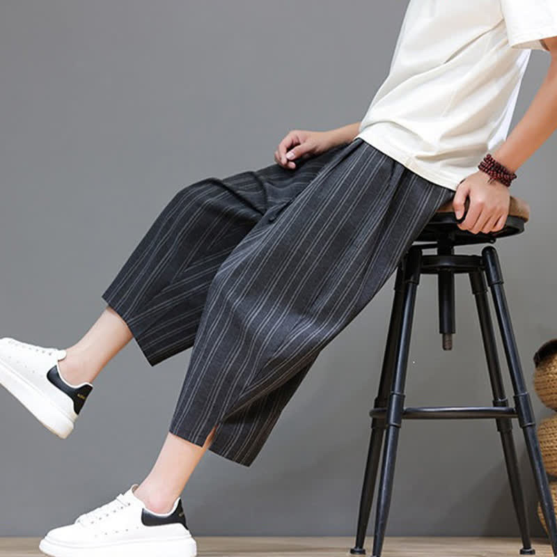 Buddha Stones Pantalones capri de verano informales con cordón y rayas, pantalones harem para hombre con bolsillo. - image 17