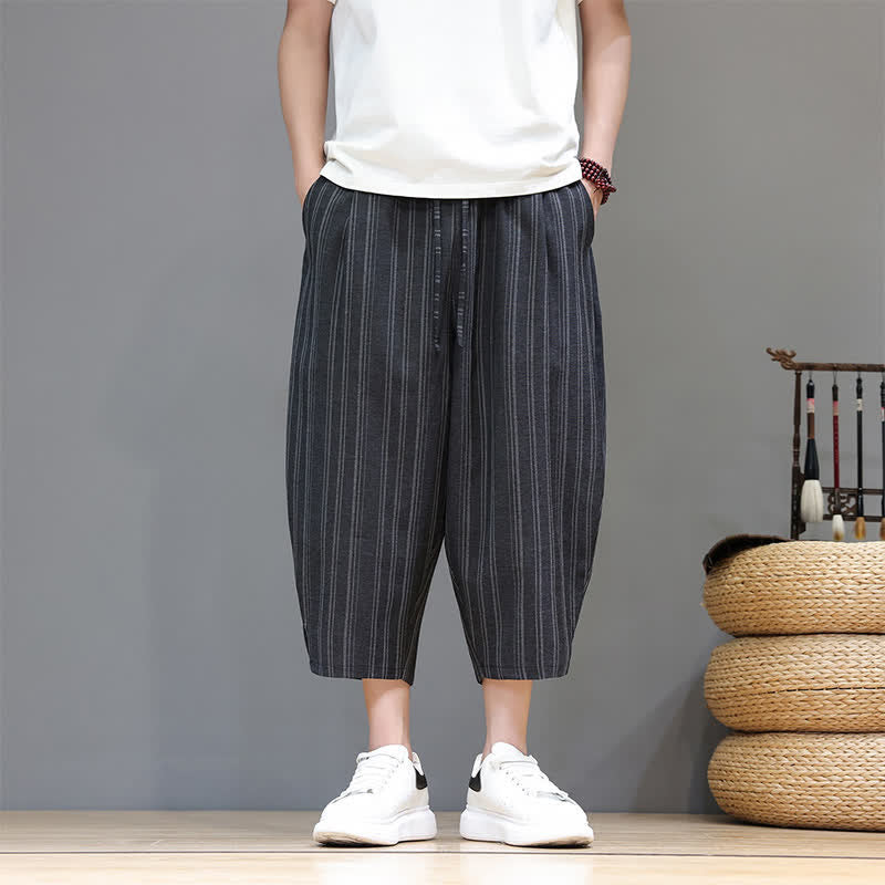 Buddha Stones Pantalones capri de verano informales con cordón y rayas, pantalones harem para hombre con bolsillo. - image 11